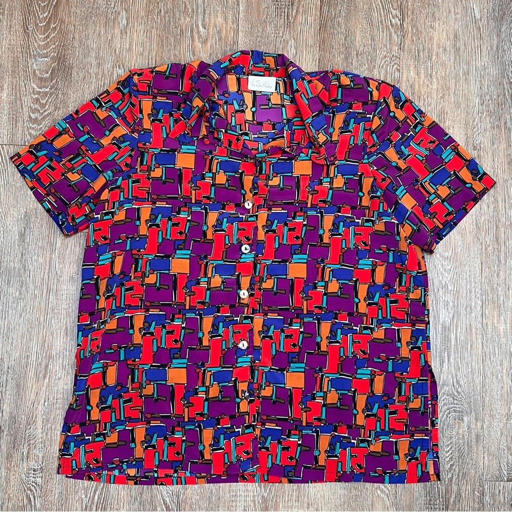Via Sant’Andrea Vintage 90s Abstract Print Short Sleeve Button Down Blouse L/XL